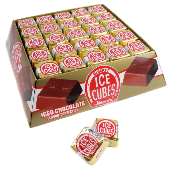 100 individually wrapped Albert's Ice Cubes Chocolate Candy, dark brown 1-inch velvety cubes, classic German bulk treat.