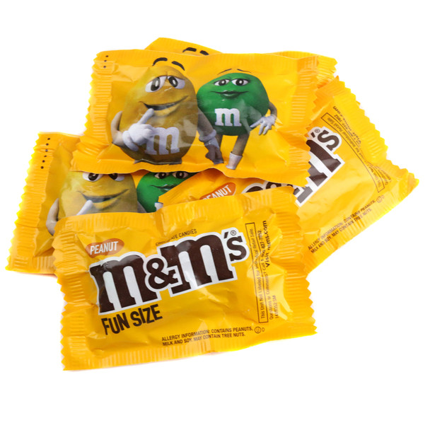 Multiple M&M's Peanut Fun Size packs, colorful candy shells, real peanuts, smooth milk chocolate treats.