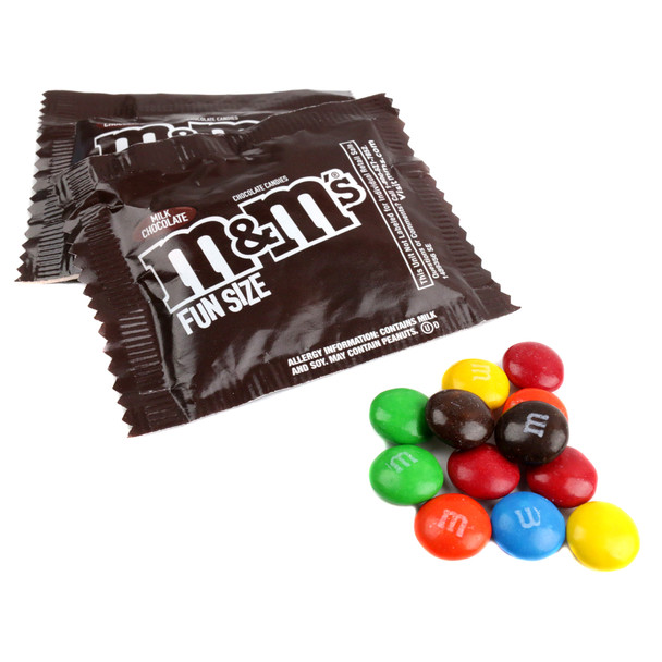 M&M's Milk Chocolate Fun Size mini packs. Colorful candy assortment, approx 32 packs per pound for treats.