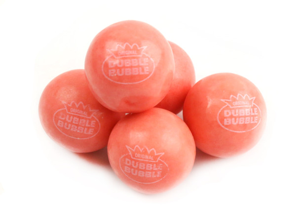 Dubble Bubble Strawberry Banana gumballs, pretty pink, approx 50 per pound, 1 inch diameter.