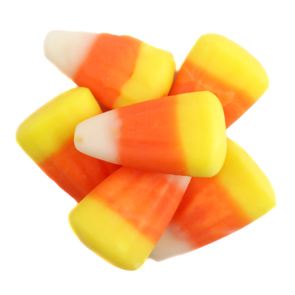 Classic Candy Corn, small pyramid-shaped, white, yellow, orange sections. Honey-flavored. Approximately 250 pieces per pound.