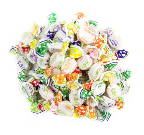 Assorted Chipurnoi Fruit Chips, approx. 340 red, orange, yellow, green, and blackberry Italian menthol candies.