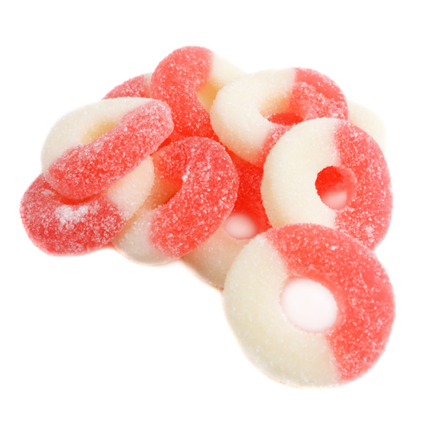 Rosy red, sugar-covered Gummy Watermelon Rings, 1 pound, approx 75 rings, made in USA.