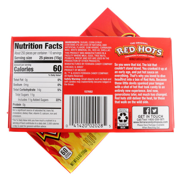 Red Hots 12 pack, 5.5oz movie theater boxes. Vibrant red, spicy cinnamon chewy candies.