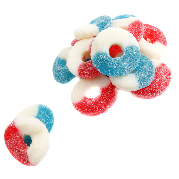 Red White Blue Gummy Rings, sour cherry, blue raspberry, approx 60 count per pound, Made in USA.