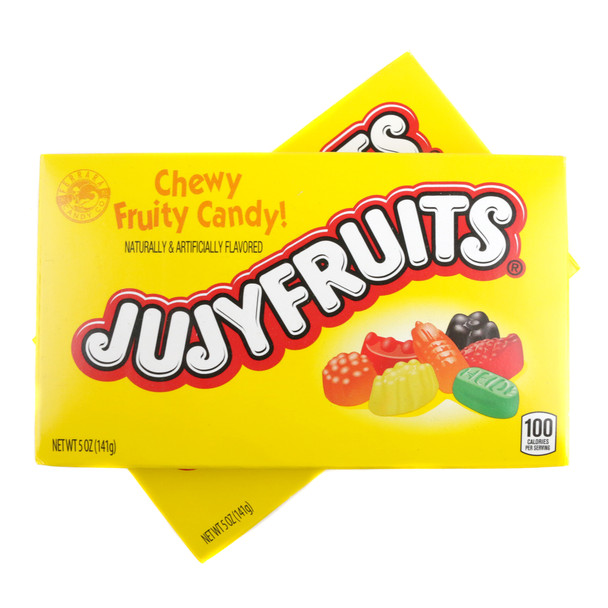 Jujyfruits 12-pack theater boxes, 60 chewy fruity pieces per box, classic red, orange, yellow, green, black candies.