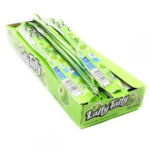 Laffy Taffy Ropes, 24 count green sour apple twisted taffy ropes, 10 inch long candy pieces.