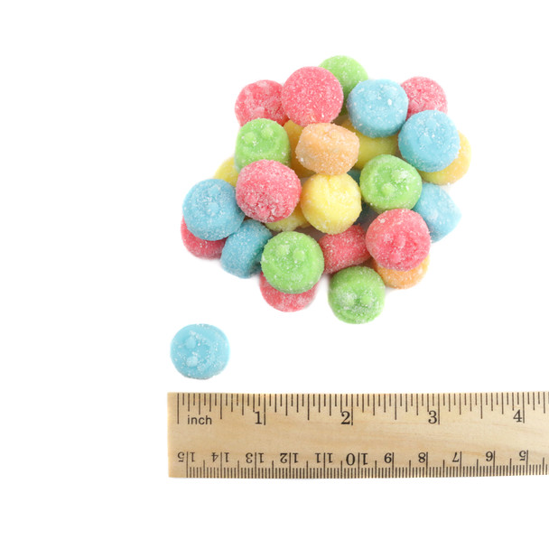 Albanese Gummy Sour Poppers, vibrant rainbow colors, blue, lemon, orange, cherry, green apple. One pound, approx 165 pieces.