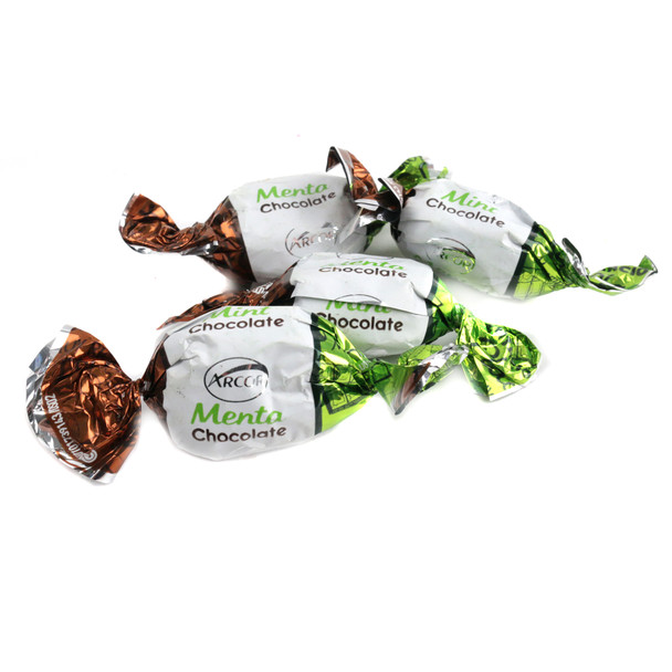 Green, white twisted mint hard candies, approx 54 per lb, with creamy brown chocolate filling.