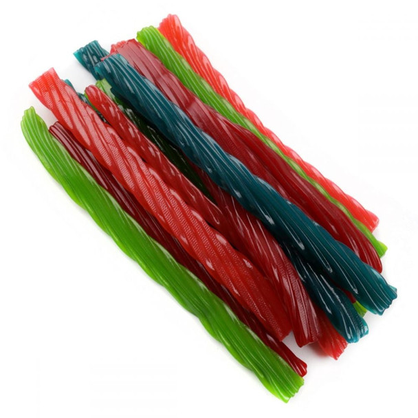 Kenny's Jumbo Licorice Twists, assorted fruit flavors: strawberry, watermelon, green apple, grape, blue raspberry. Approx 22 vibrant twists per pound.