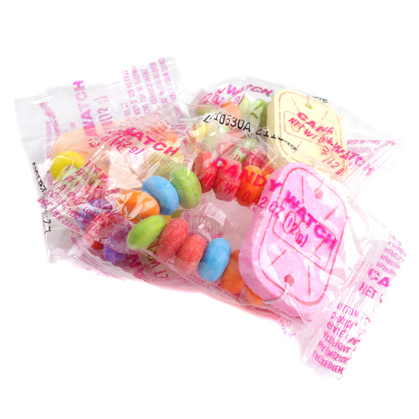 Individually wrapped, colorful candy watches, approx 35 per pound, ideal for birthday parties.
