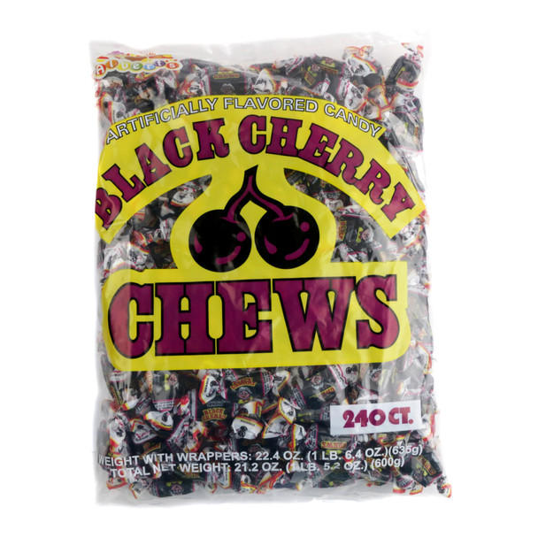 Albert's Black Cherry Chews, 240 small, individually wrapped black chewy candies in a bag.