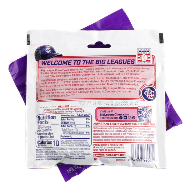 Big League Chew Ground Ball Grape shredded bubble gum, purple grape flavor. Classic baseball candy pouch, bulk quantities available.