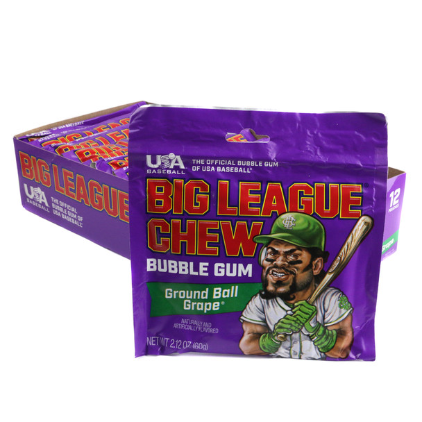 Purple Big League Chew Ground Ball Grape shredded bubble gum pouch, classic baseball candy.