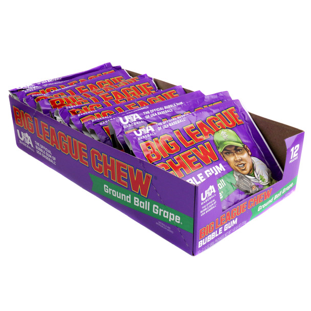 Big League Chew Ground Ball Grape shredded purple bubble gum pouch. Nostalgic baseball candy, classic grape flavor.