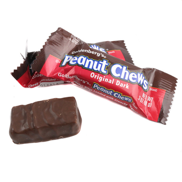 Goldenberg Peanut Chews, 50 mini dark chocolate candies, rich coating, roasted peanuts, chewy center.
