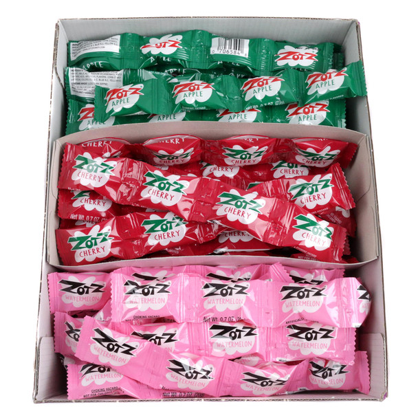 Zotz fizzy hard candy, 48 piece assorted watermelon, cherry, apple flavors. Sweet, sour, colorful.