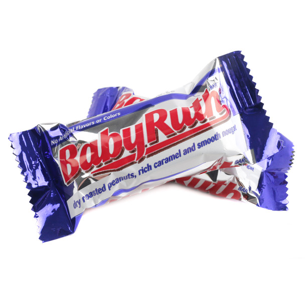 Baby Ruth Fun Size candy bar, milk chocolate brown wrapper, creamy nougat, crunchy peanuts, sweet caramel.