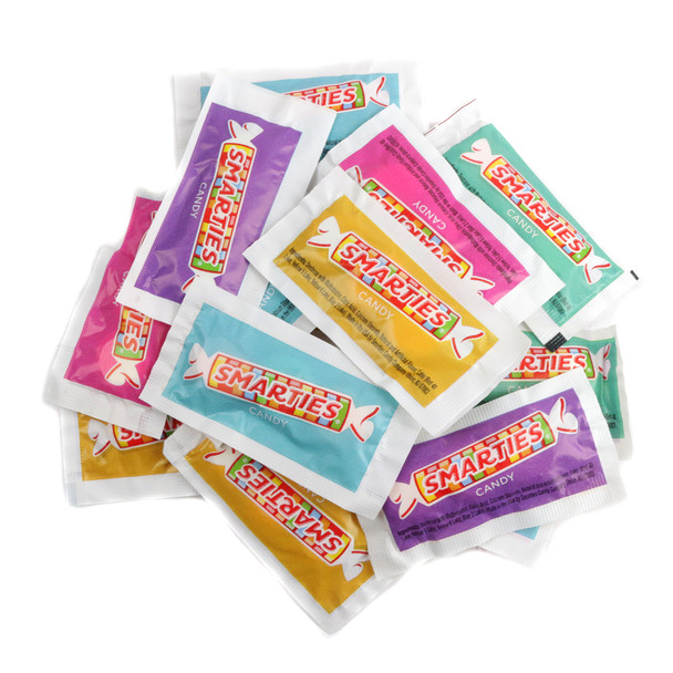 Individually wrapped Smarties Funsize, assorted pastel colors. Ideal Easter candy for egg hunts and baskets.