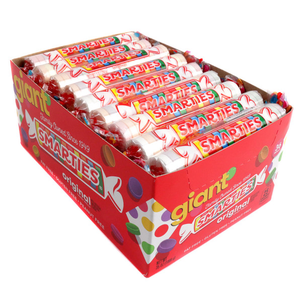 Box of 36 individually wrapped, super-sized Giant Smarties rolls with classic candy colors.