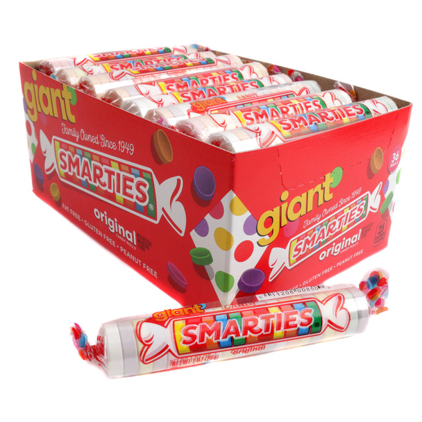 Box of 36 individually wrapped giant Smarties candy rolls, classic multi-colors, super-sized.