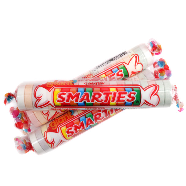 Super-sized Giant Smarties candy, individually wrapped rolls in classic pastel colors. 36-count box.