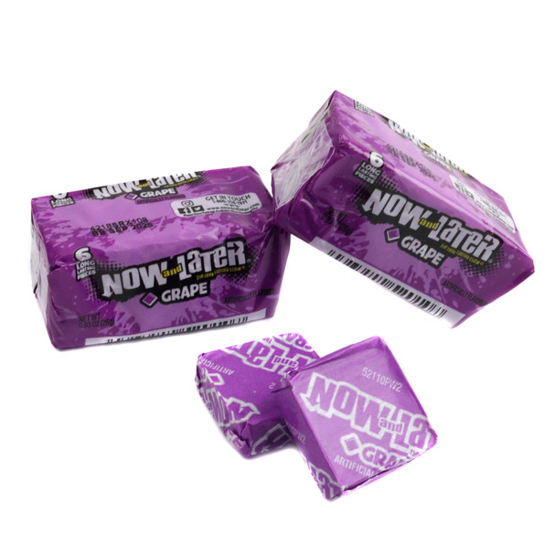 Now and Later Grape 24 pack, 24 purple candy packs, 6 individually wrapped grape taffy squares each.