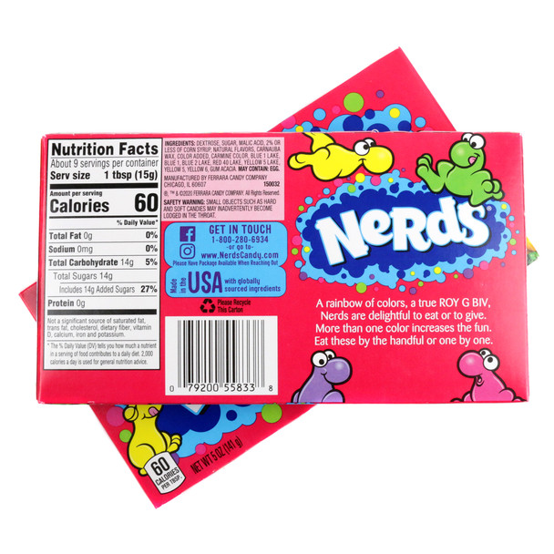 Nerds Rainbow 12 pack, 5 oz boxes. Assorted pebble-shaped candy in vivid strawberry, grape, orange, lemonade, sour apple colors.