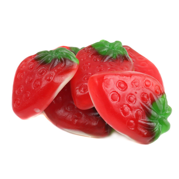 Strawberry-shaped Gummy Strawberry & Cream, bright red with green tops, creamy marshmallow bottoms, approx 45 pieces per pound.