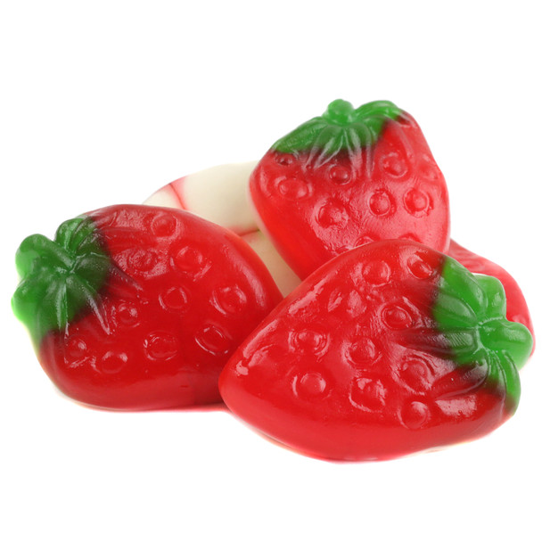 Gummy Strawberry and Cream candy, soft red strawberry shapes with green tops, creamy marshmallow bottoms. Approx 45 pieces/lb.