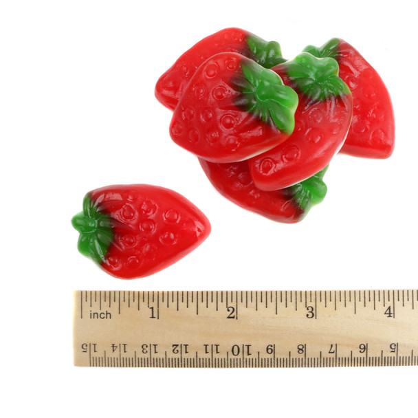Bright red, green, strawberry-shaped gummy candies with creamy marshmallow bottoms, approximately 45 pieces per pound.