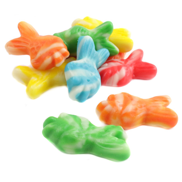 Swirly Gummy Fish, vibrant rainbow colors, sweet cream & fruity flavors, approx 75 bulk unwrapped pieces per pound.