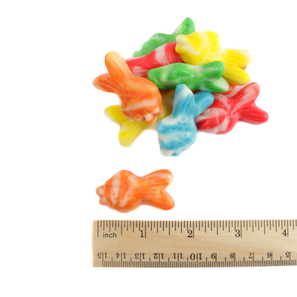Swirly Gummy Fish, vibrant rainbow colors, sweet cream & fruity flavor, approx 75 bulk unwrapped gummy candy.