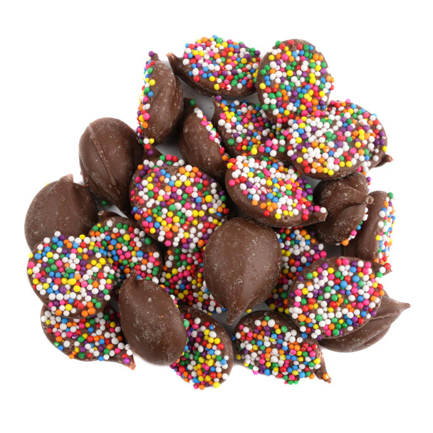 Ashers Milk Chocolate Nonpareils with bright multi-color seeds, delicious dollops, approximately 91 pieces per pound.