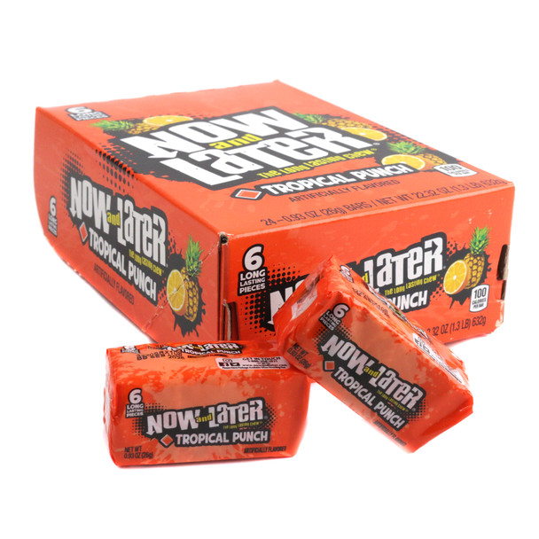 Now and Later Tropical Punch hard chew taffy squares, 24 orange packs, 6 individually wrapped chewy candies each.