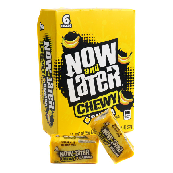 Now and Later Chewy Banana candy, 24 bright yellow packs, soft chewy taffy, 6 pieces per pack.