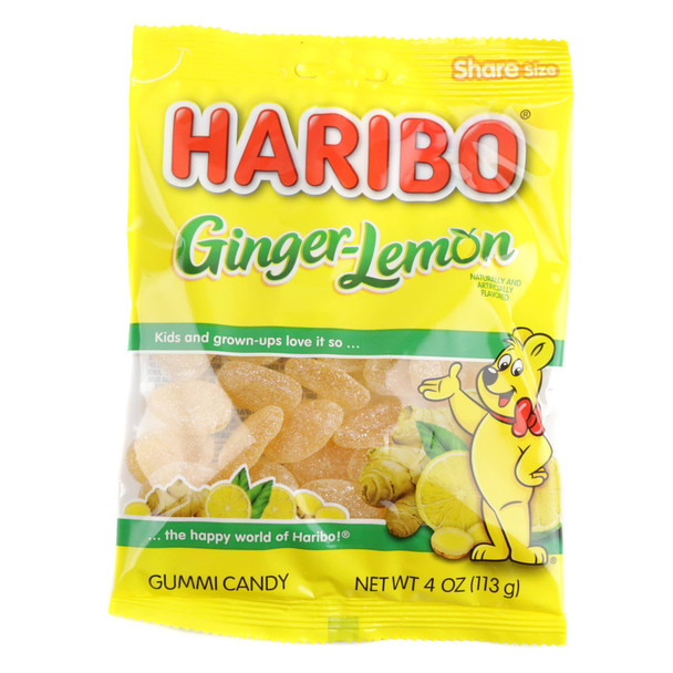 A 4oz bag of Haribo Ginger Lemon Gummies, yellow, sugar-dusted, with sweet, tangy ginger and lemon flavors.