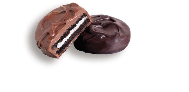 Ashers Milk Chocolate Covered Sandwich Cookies, approximately 15 crunchy cookies with sweet cream filling, coated in rich brown milk chocolate.