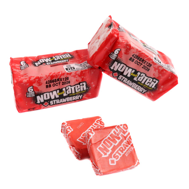 24 individual packs of red strawberry Now and Later hard chew taffy squares, sweet and bite-sized.