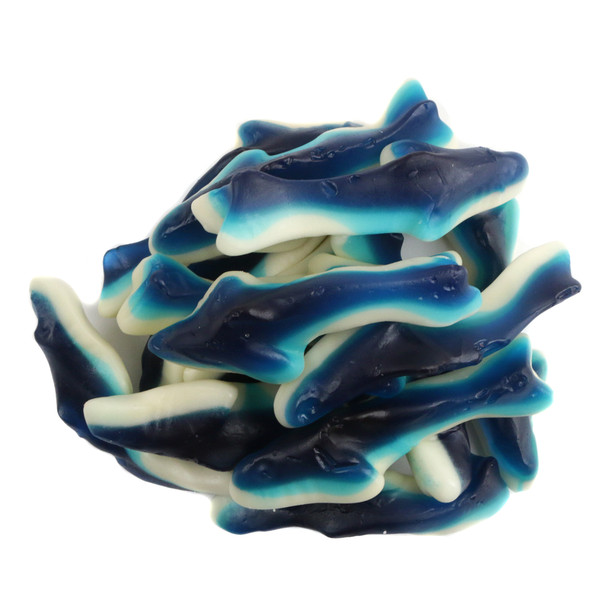 Blue and white 2.5 inch gummy shark candy, blueberry flavor, approx. 55 per pound.
