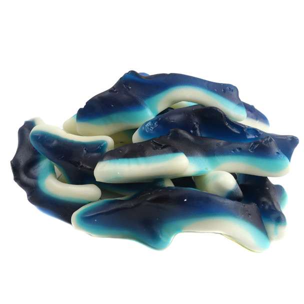 Blue and white gummy sharks, 2.5 inches long. Blueberry flavored candy, approx. 55 pieces per pound.