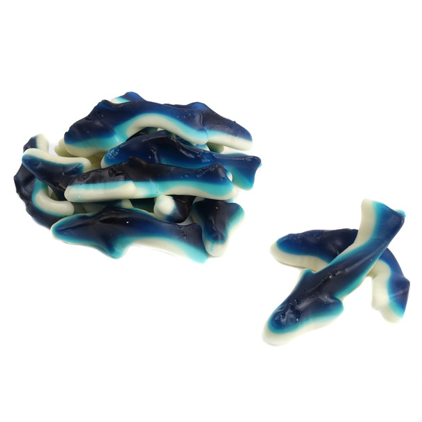 Blue and white 2.5-inch shark gummies, blueberry flavor, approx. 55 pieces per pound.