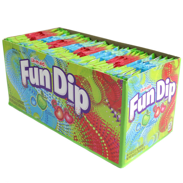 Fun Dip, 48 individual packs, vibrant Cherry Yum Diddly Dip and Razz Apple Magic Dip fruit flavors by Wonka.
