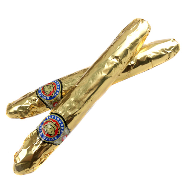24 elegant gold foil wrapped solid milk chocolate cigars in a gift box, made by Madelaine Chocolate.