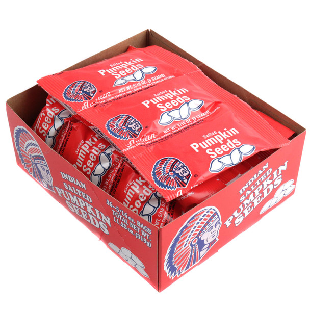 Indian Salted Pumpkin Seeds, 36 .3oz packs in bright red retro bags. Crunchy, salty snack.