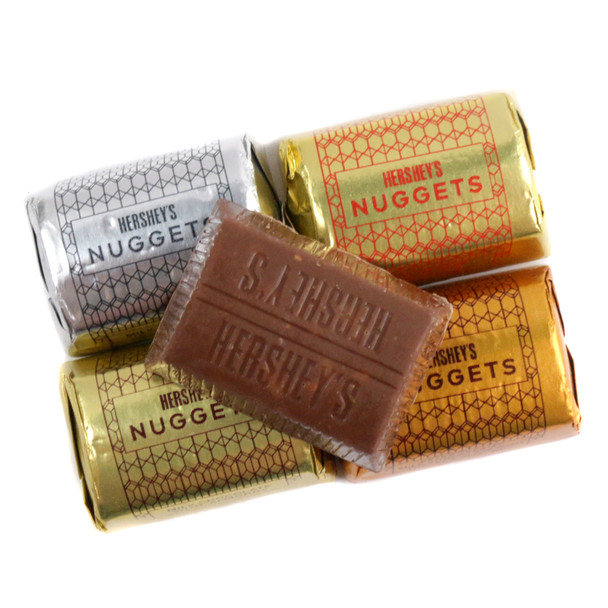 Assorted Hershey's Nuggets, gold, silver, & brown foil-wrapped milk, dark, almond, toffee chocolates, approx 43 pcs/lb.