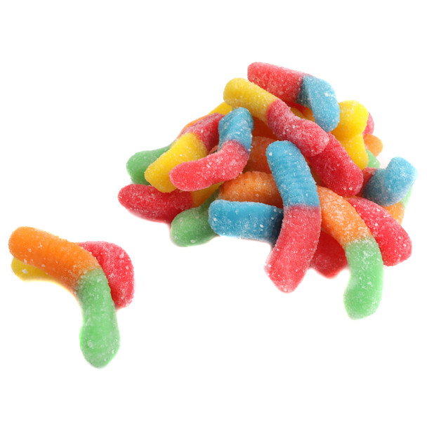 Small Trolli Neon Gummy Sour Worms, vibrant rainbow colored sour gummy candies.