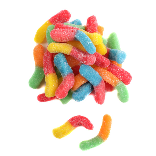 Trolli Neon Gummy Sour Worms, small, vibrant rainbow colors. Sour candy for buffets, dessert toppings.