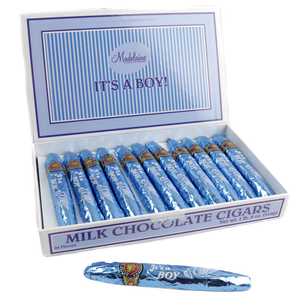 Boy Blue Chocolate Cigars, 24 rich blue foil-wrapped creamy Madelaine chocolate cigars.