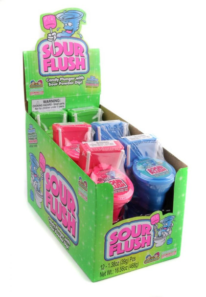 12 Sour Flush Candies, mini toilets with lollipop plungers and sour powder, watermelon, green apple, blue raspberry.
